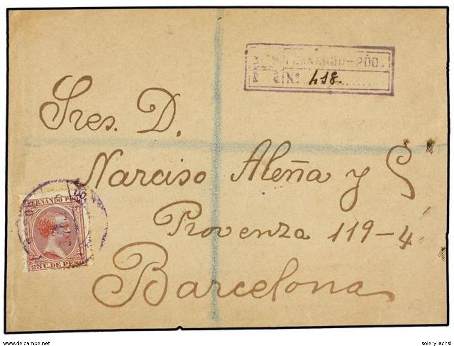 1021 COLONIAS ESPAÑOLAS: FERNANDO POO. Ed.22. 1898. FRONTAL De FERNANDO POO A BARCELONA. <B>25 Cts.</B> Carmín. Marca De - Autres & Non Classés