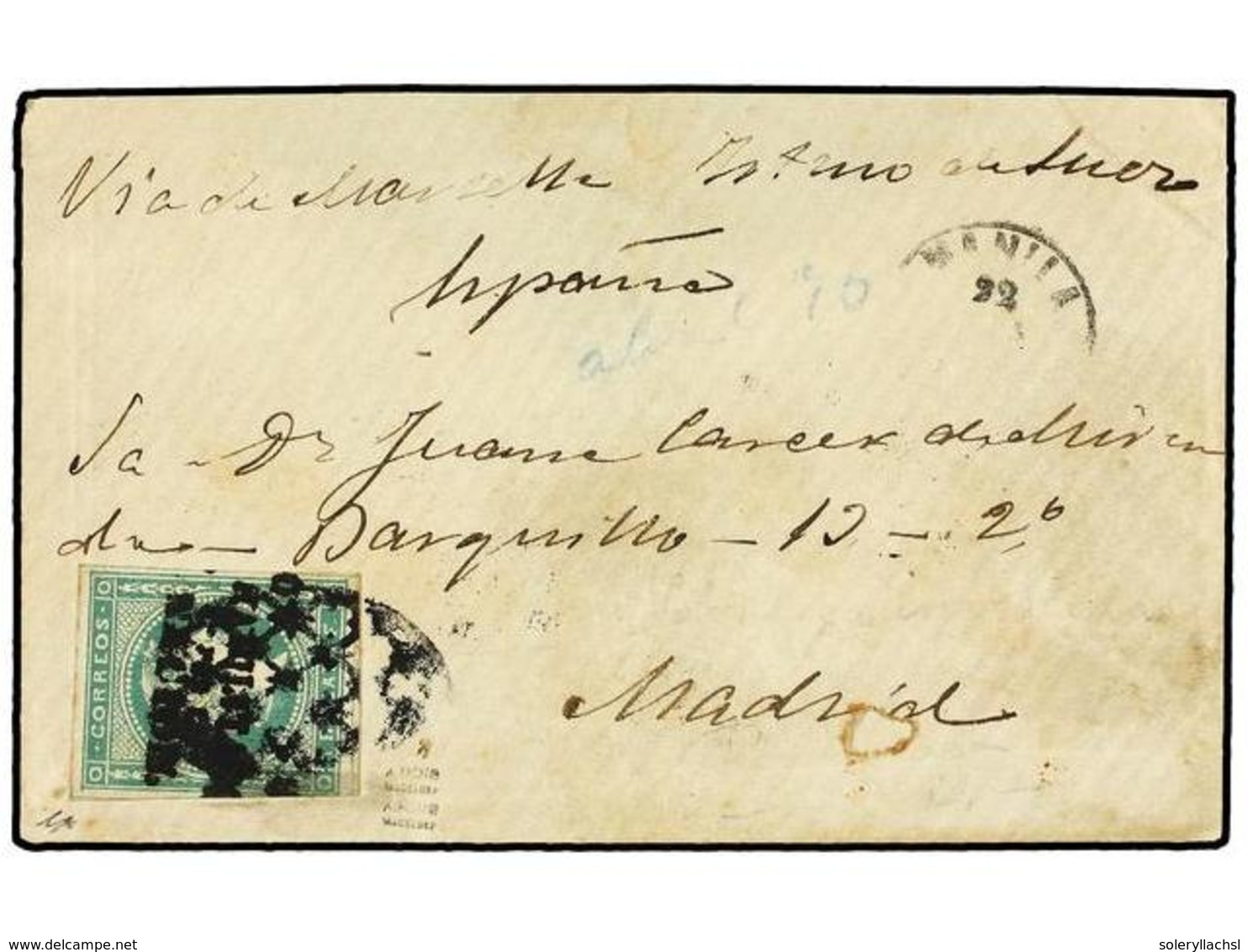 1036 FILIPINAS. Ed.20Dh. (1870 CA.). MANILA A MADRID. <B>1 Real</B> Verde<B> HABILITADO/POR LA/NACION.</B> - Autres & Non Classés