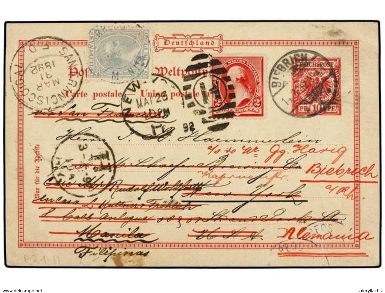 1037 FILIPINAS. 1892. German <B>10 Pfg.</B> Stationary Card From BIEBRICH Addressed NEW YORK, There With <B>2 Cent. </B> - Autres & Non Classés