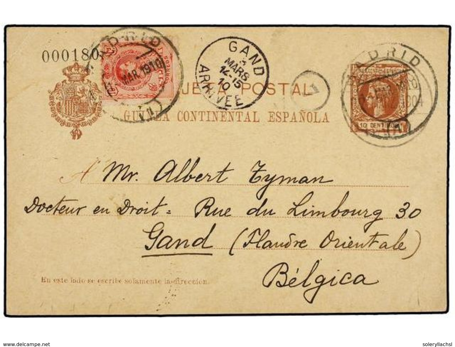 1050 COLONIAS ESPAÑOLAS: GUINEA. Ed.269. 1910. MADRID A BÉLGICA. Entero Postal De GUINEA De <B>10 Cts.</B> Castaño (Ed.  - Autres & Non Classés