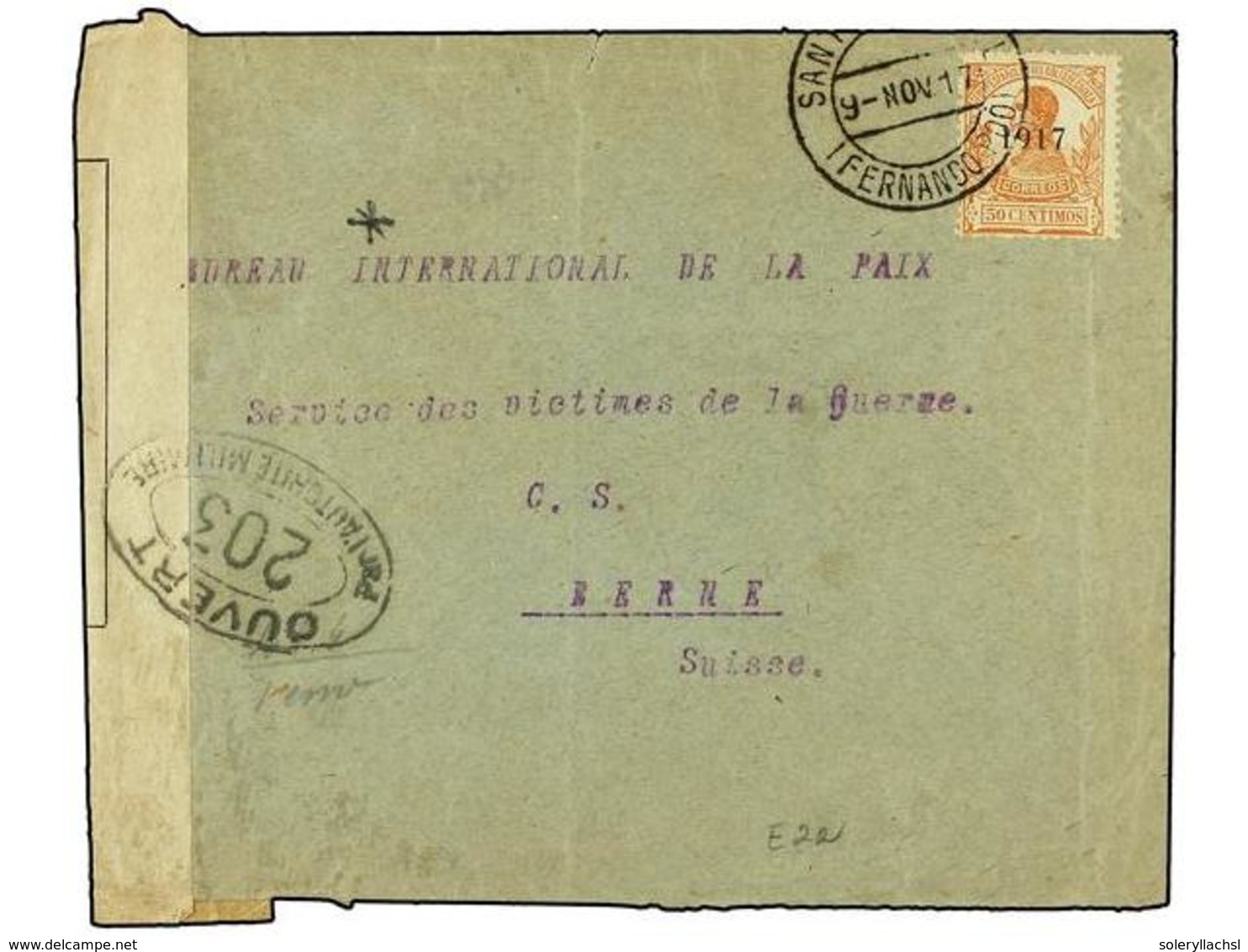 1055 COLONIAS ESPAÑOLAS: GUINEA. Ed.120. 1917. SANTA ISABEL A SUIZA.<B> 50 Cts.</B> Naranja. Carta Enviada A La Cruz Roj - Autres & Non Classés