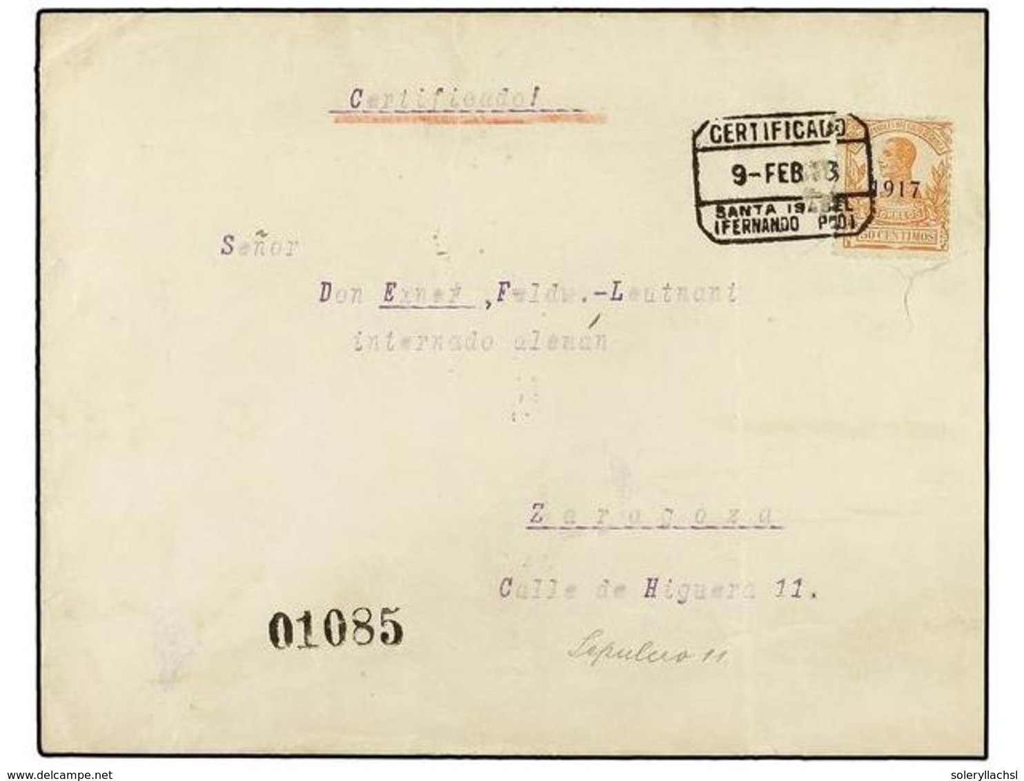 1056 COLONIAS ESPAÑOLAS: GUINEA. Ed.120. 1918. SANTA ISABEL A ZARAGOZA. <B>50 Cts. </B>naranja. Carta Certificada, Dirig - Other & Unclassified