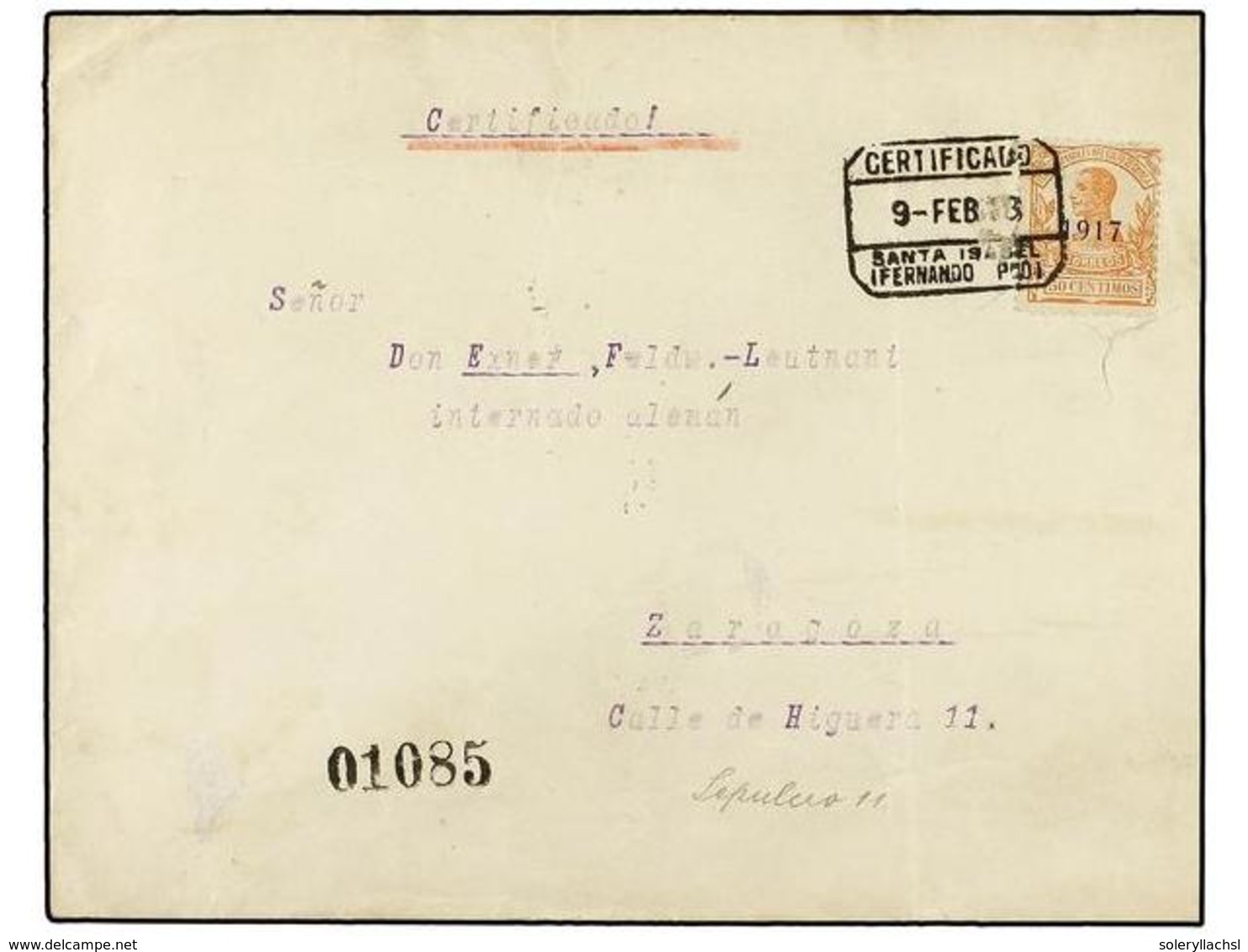 1056 COLONIAS ESPAÑOLAS: GUINEA. Ed.120. 1918. SANTA ISABEL A ZARAGOZA. <B>50 Cts. </B>naranja. Carta Certificada, Dirig - Autres & Non Classés