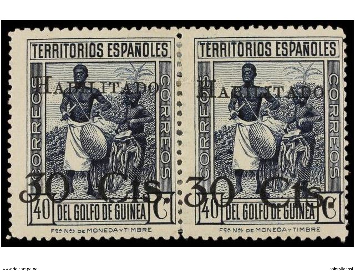 1070 * COLONIAS ESPAÑOLAS: GUINEA. Ed.251hzd. <B>30 Cts. S. 40 Cts.</B> Azul. <B>'3'</B> Inclinado En Pareja Con Otro No - Autres & Non Classés