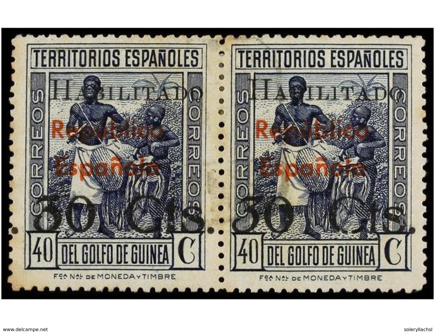 1072 ° COLONIAS ESPAÑOLAS: GUINEA. Ed.253hzd. <B>30 Cts. S. 40 Cts.</B> Azul. <B>'3'</B> Inclinado En Pareja Con Otro No - Autres & Non Classés