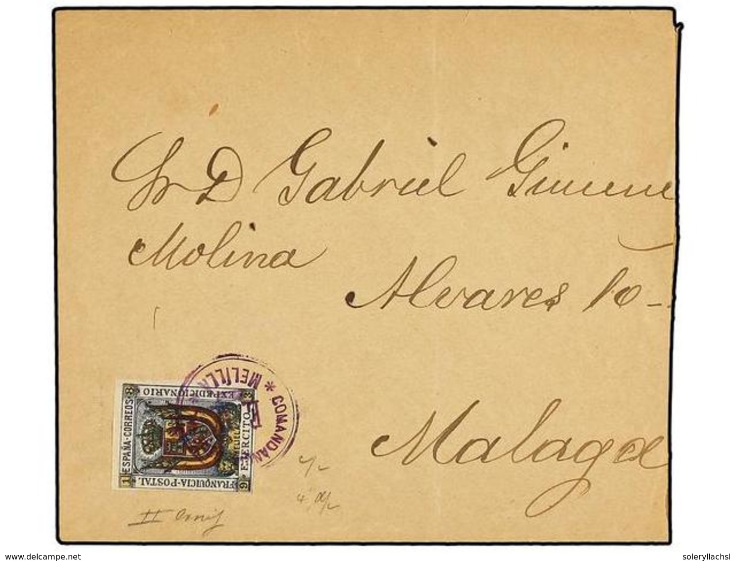 1121 MARRUECOS. (1895 CA.). Sobre Circulado De MELILLA A MÁLAGA. Sello De Franquicia Postal Del Ejército Expedicionario  - Otros & Sin Clasificación