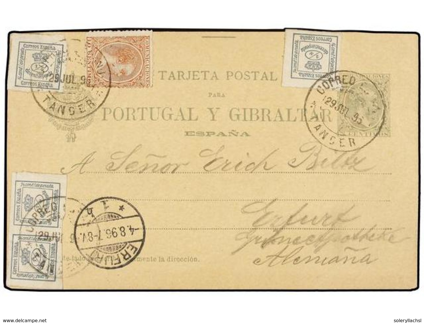 1122 MARRUECOS. 1896. TANGER A ALEMANIA. Entero Postal De <B>5 Cts.</B> Verde Con Franqueo Adicional De <B>1/4 Cto.</B>  - Autres & Non Classés