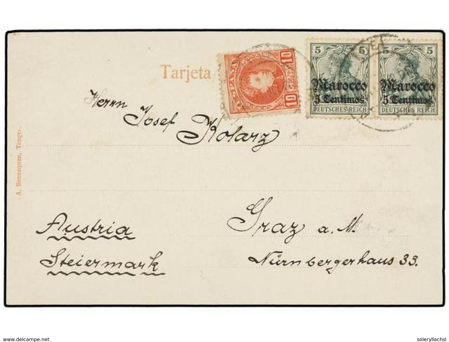 1125 COLONIAS ESPAÑOLAS: MARRUECOS. 1902. TANGER A AUSTRIA. Tarjeta Postal Con Sello De <B>10 Cts.</B> Rojo De España Y  - Autres & Non Classés