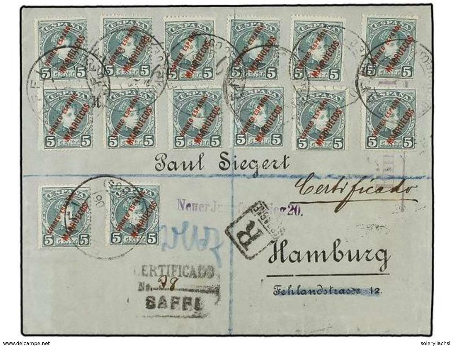 1128 MARRUECOS. Ed.3 (14). 1906. SAFFI A ALEMANIA.<B> 5 Cts.</B> Verde (14) Carta Certificada, Espectacular Franqueo, Al - Autres & Non Classés