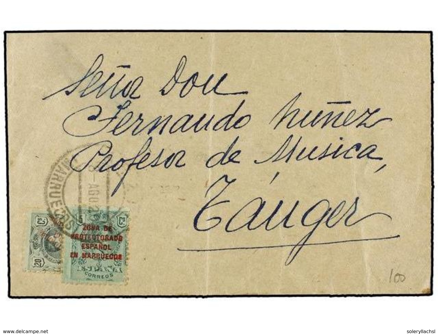 1137 COLONIAS ESPAÑOLAS: MARRUECOS. Ed.48, 59. 1920. ARIZA A TANGER. <B>5 Cts. </B>verde Y Sello Bisectado De <B>20 Cts. - Autres & Non Classés