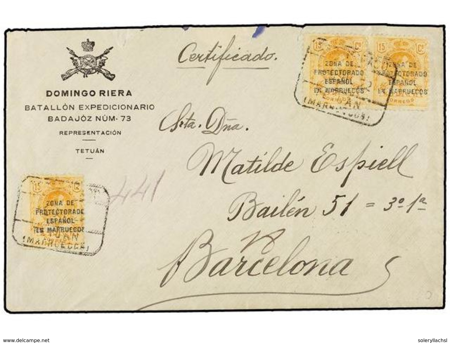 1145 COLONIAS ESPAÑOLAS: MARRUECOS. Ed.61. 1922. TETUAN A BARCELONA. <B>15 Cts.</B> Amarillo (3), Carta Certificada, Al  - Autres & Non Classés