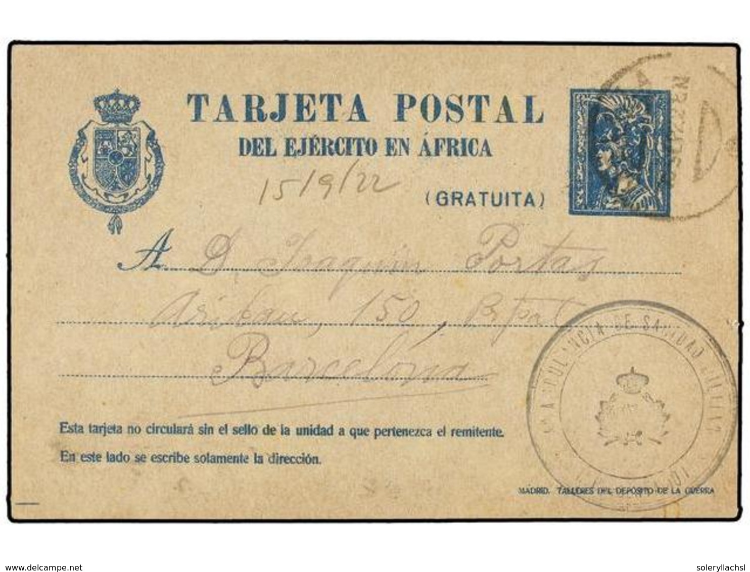 1155 MARRUECOS. 1921. MELILLA A BARCELONA. Tarjeta Postal De Franquicia Del Ejército De África Con Marca <B>Hº AMBULANCI - Autres & Non Classés