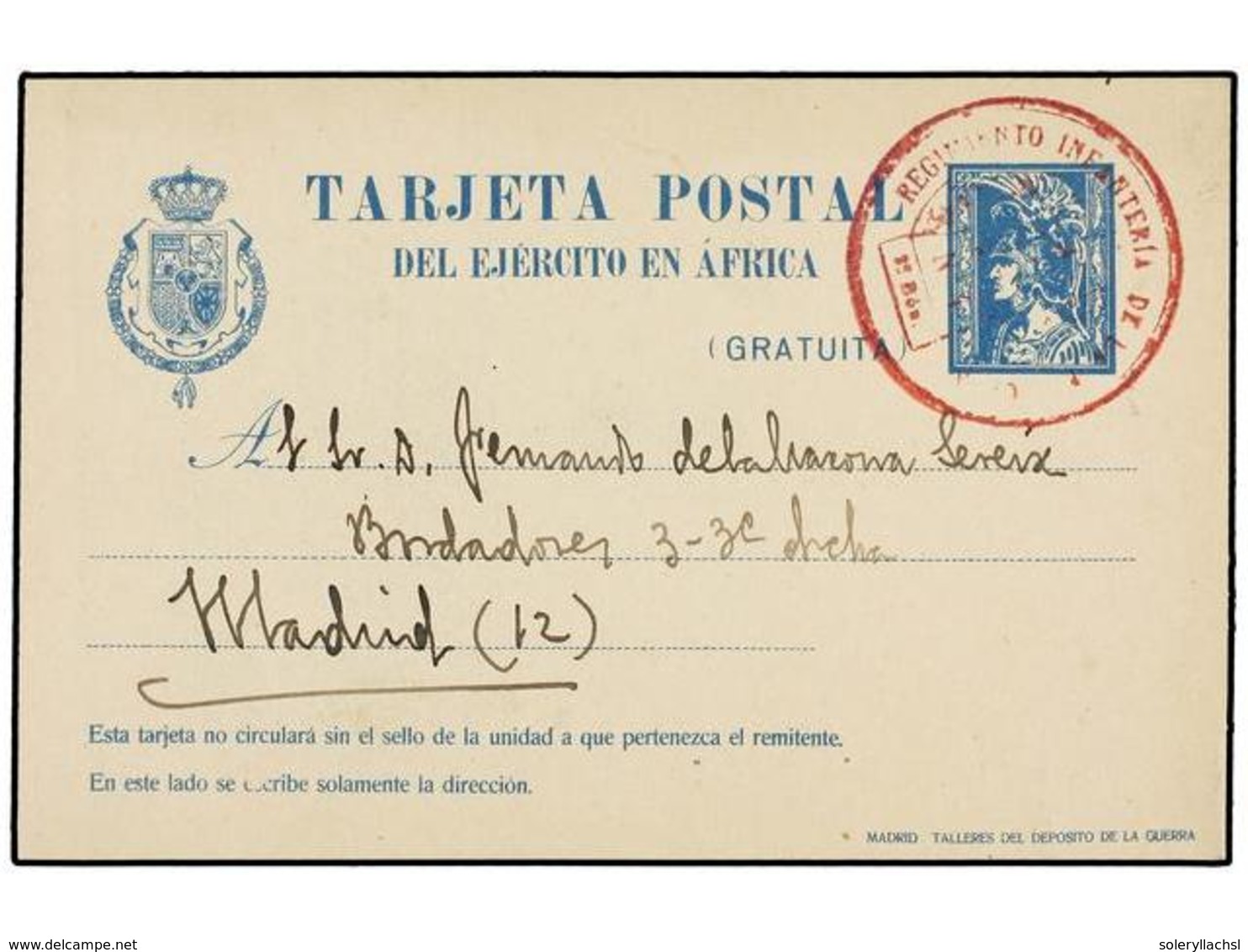 1156 MARRUECOS. 1921. MELILLA A MADRID. Tarjeta Postal De Franquicia Del Ejército De África Con Marca<B> REGIMIENTO INFA - Autres & Non Classés