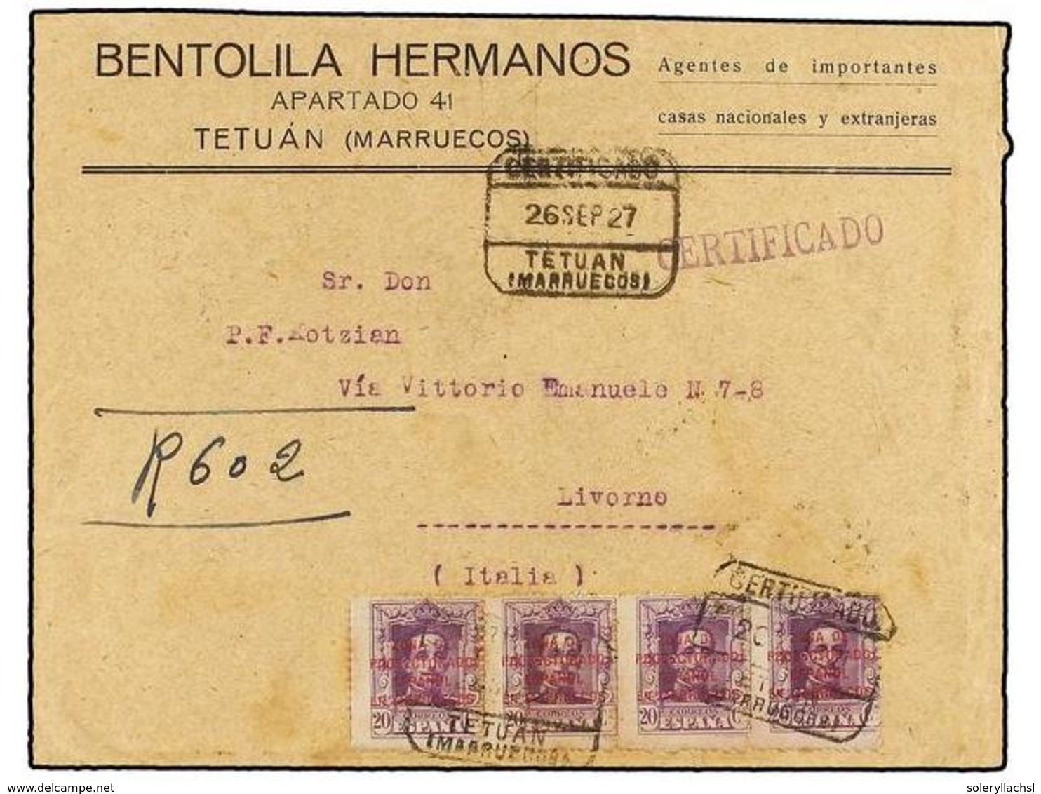 1162 MARRUECOS. Ed.85 (4). 1927. TETUAN A ITALIA. <B>20 Cts.</B> Lila (4), Carta Certificada, Al Dorso Llegada. - Autres & Non Classés