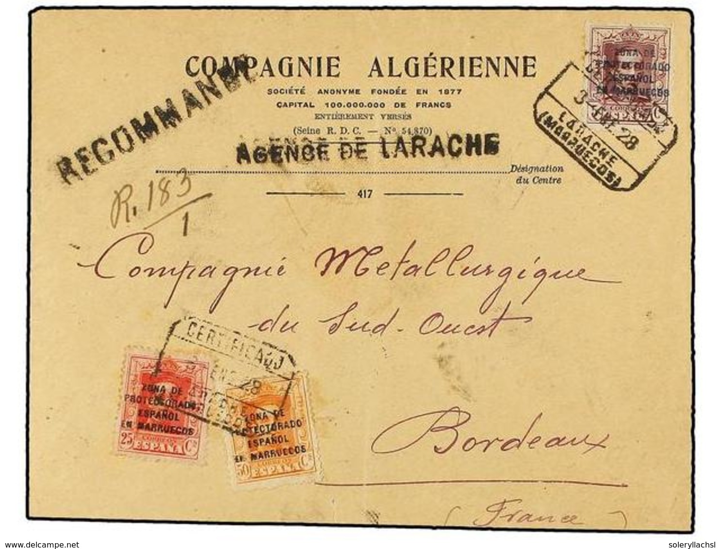 1163 MARRUECOS. Ed.82, 86, 88. 1928. LARACHE A FRANCIA. <B>5 Cts.</B> Lila, <B>25 Cts.</B> Rojo Y <B>50 Cts.</B> Naranja - Autres & Non Classés