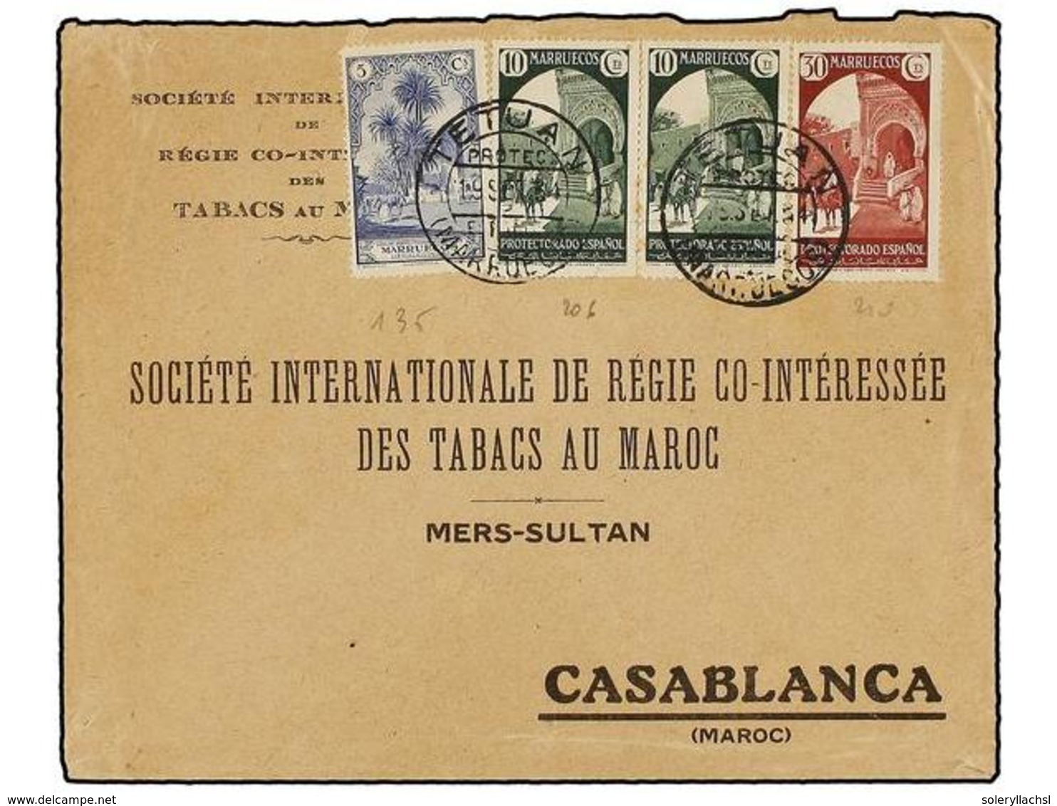 1171 MARRUECOS. Ed.107, 136 (2), 140. 1934. TETUAN A CASABLANCA. <B>5 Cts.</B> Azul, <B>10 Cts.</B> Verde (2), <B>30 Cts - Autres & Non Classés