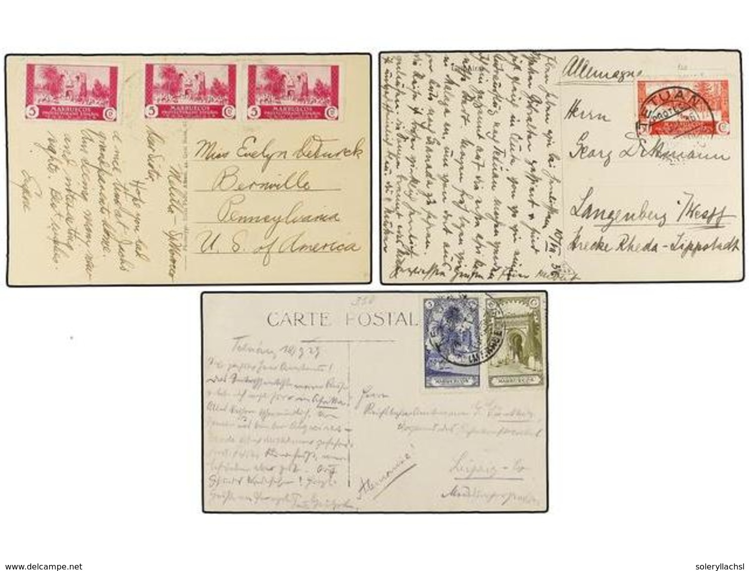 1174 COLONIAS ESPAÑOLAS: MARRUECOS. 1929-52. CINCO Tarjetas Postales Circuladas, Diversos Franqueos. - Autres & Non Classés