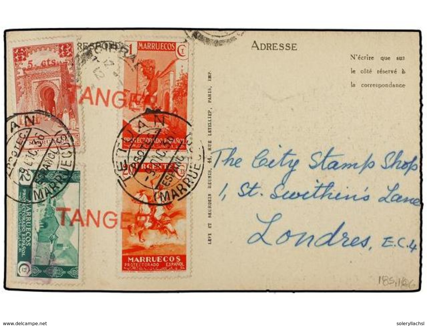 1184 MARRUECOS. 1936. TÁNGER A LONDRES. <B>1 Cto., 2 Cts., 5 Cts. Y 20 Cts.</B> Sobre Tarjeta Postal Marca <B>TANGER </B - Autres & Non Classés