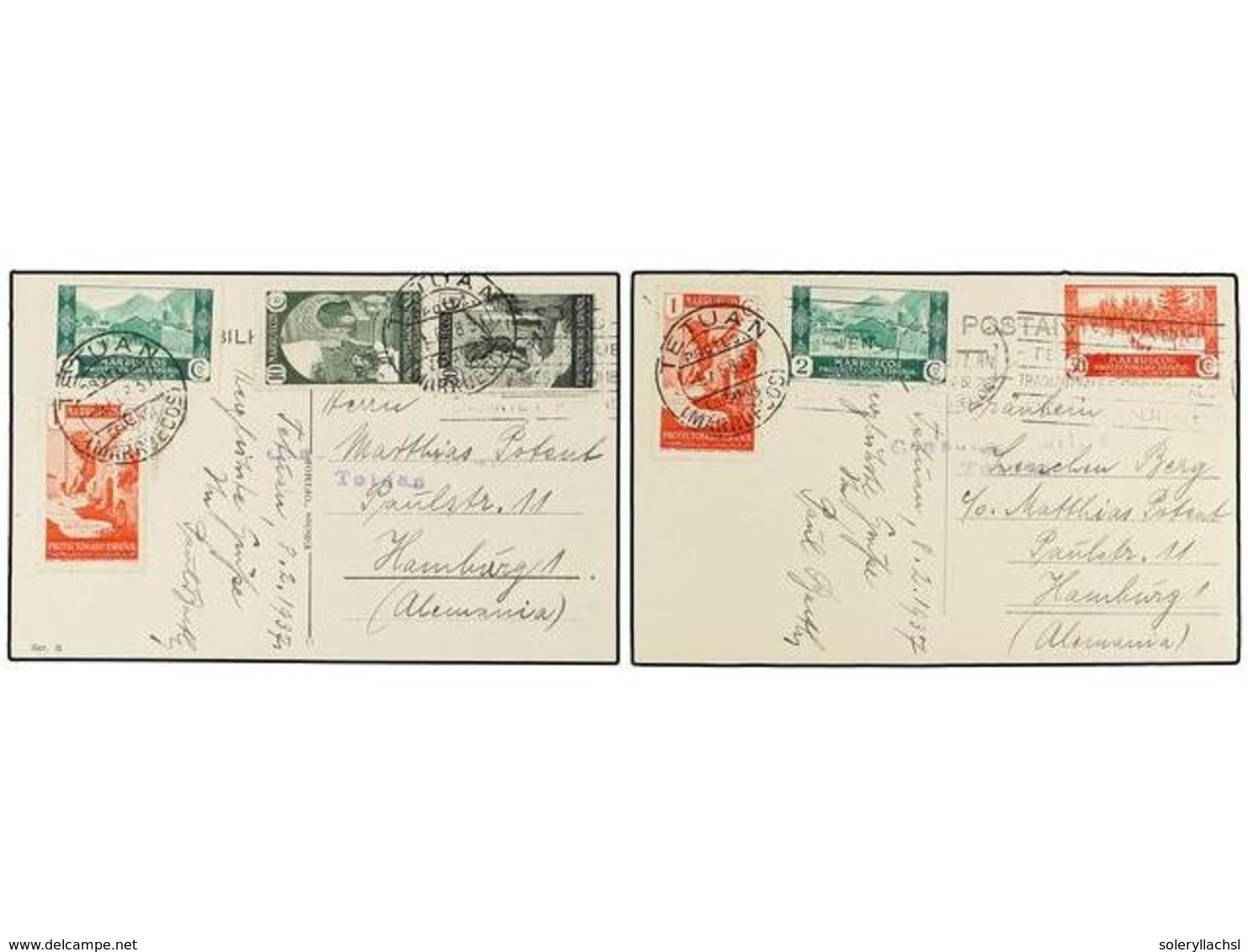 1189 COLONIAS ESPAÑOLAS: MARRUECOS. 1937. DOS Tarjetas Postales Circuladas. Preciosos Franqueos. - Autres & Non Classés