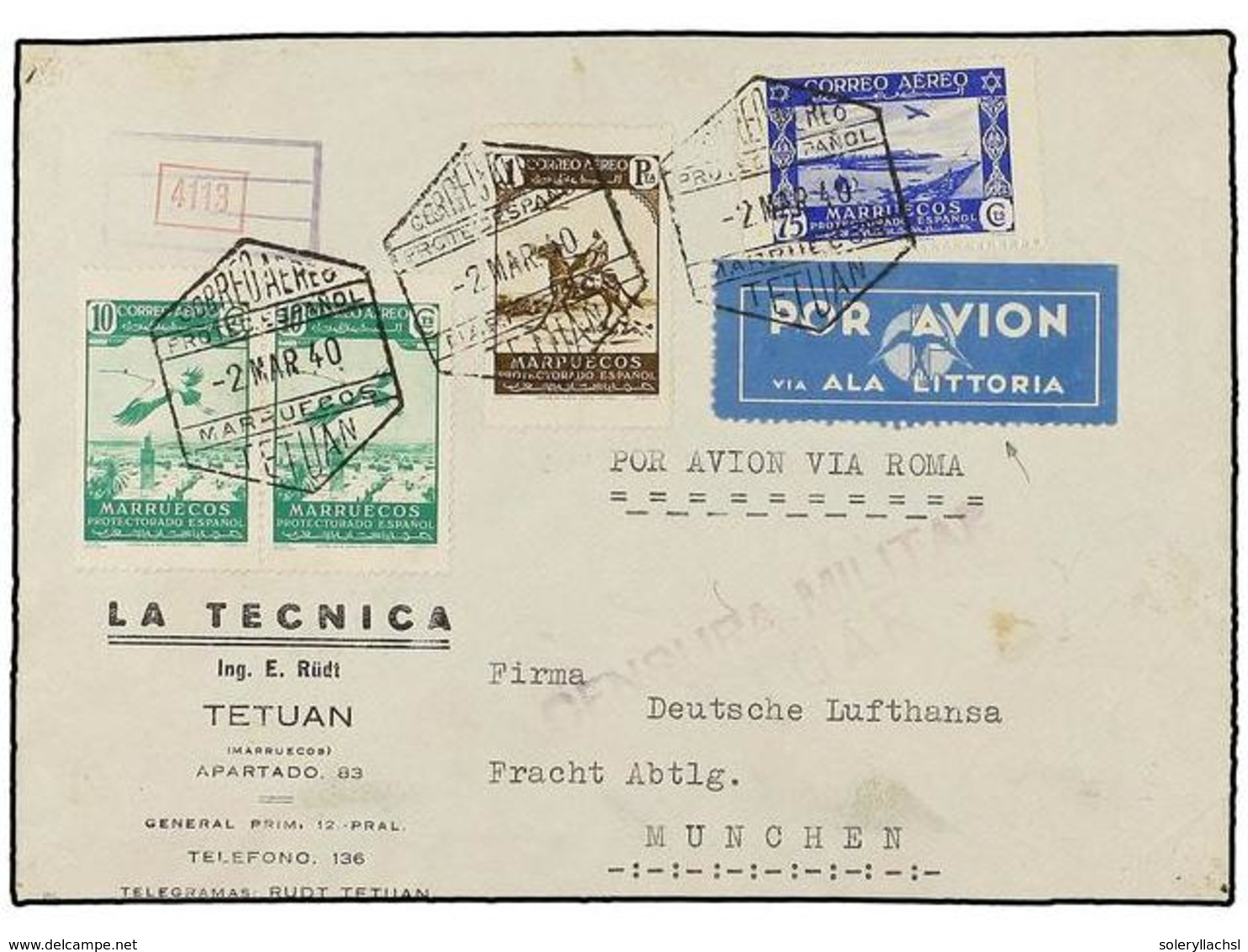 1193 COLONIAS ESPAÑOLAS: MARRUECOS. Ed.187 (2), 191, 192. 1940. TETUAN A ALEMANIA. <B>10 Cts.</B> (2), <B>75 Cts.</B> Y  - Autres & Non Classés