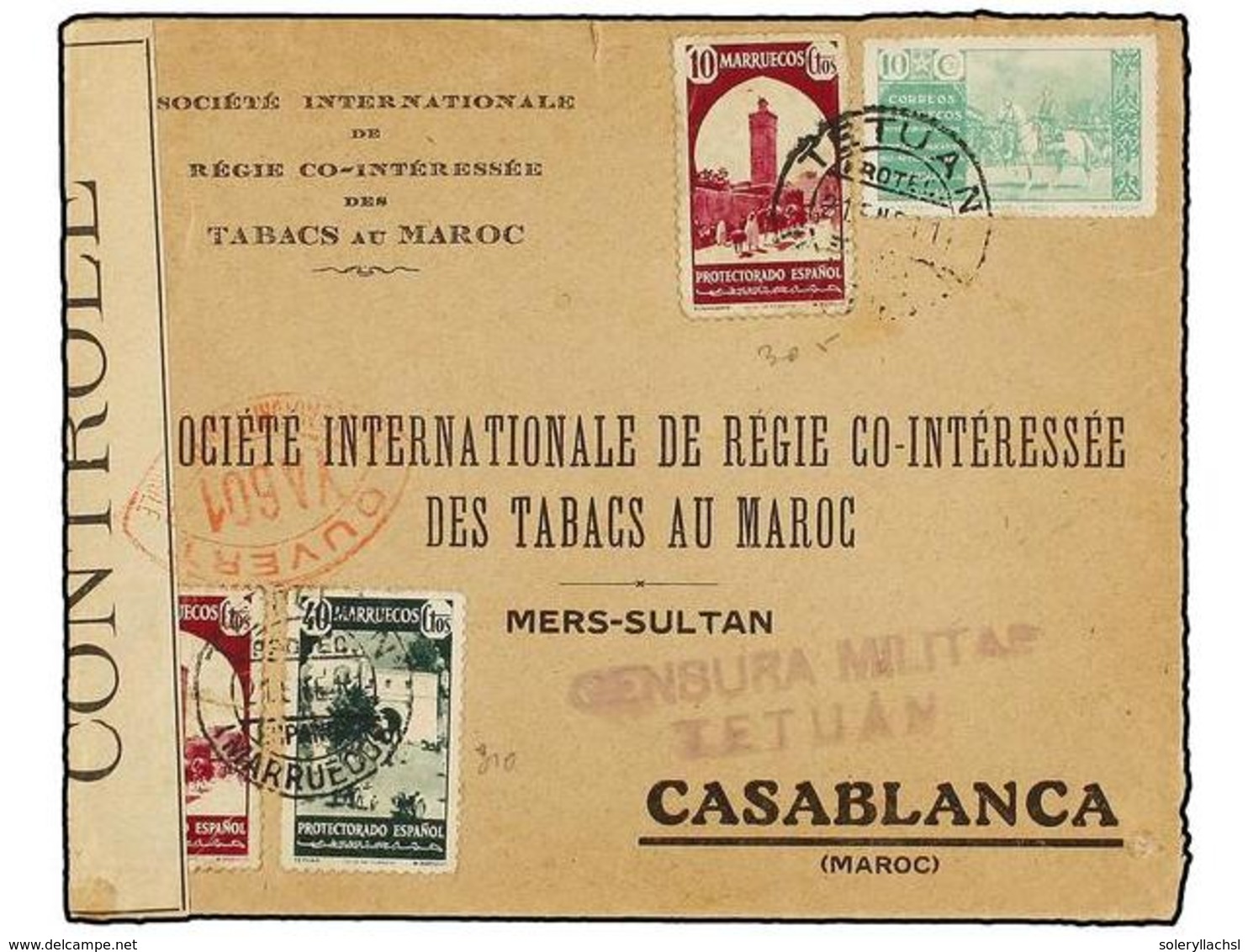 1197 MARRUECOS. Ed.203 (2), 208. 1941. TETUAN A CASABLANCA. <B>10 Cts.</B> Lila (2), <B>40 Cts.</B> Verde Y Sello De <B> - Autres & Non Classés