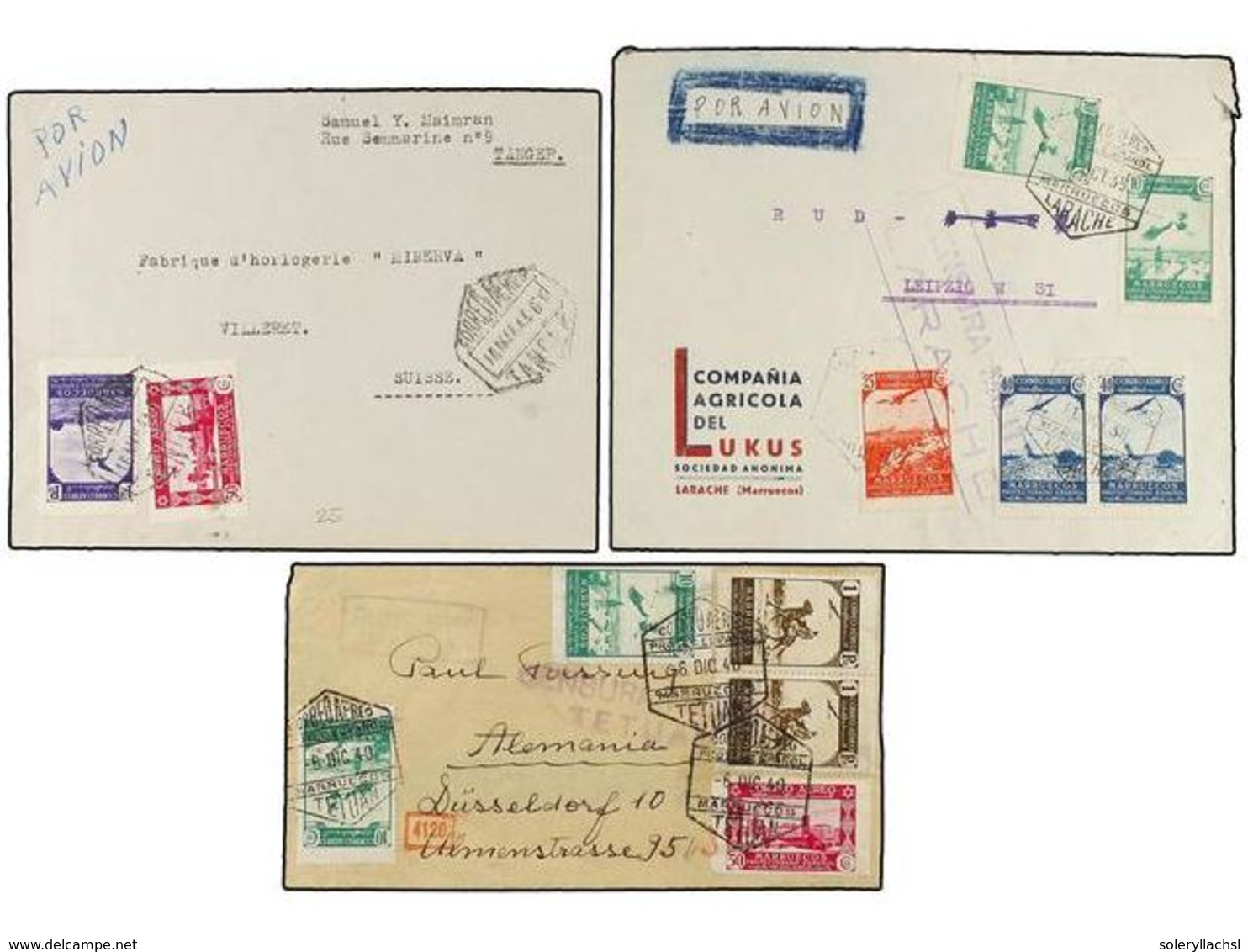 1205 COLONIAS ESPAÑOLAS: MARRUECOS. 1938-50. Conjunto De 13 Cartas Con Diversos Franqueos, La Mayoría Circulados Por Avi - Autres & Non Classés