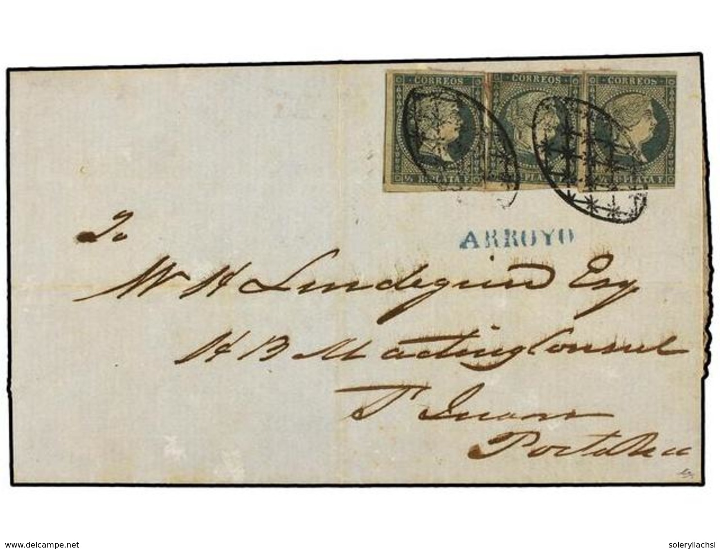 1218 PUERTO RICO. Ant.1 (3). 1855. GUAYAMA A S. JUAN. <B>1/2 Real</B> Negro, Tres Sello (uno Con Una Pequeña Perforación - Autres & Non Classés