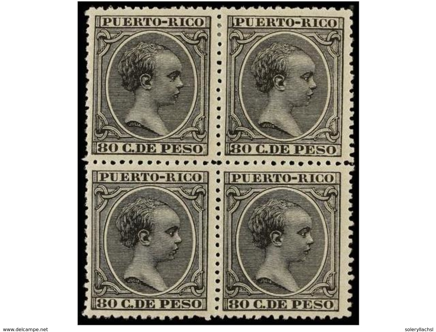 1221 ** COLONIAS ESPAÑOLAS: PUERTO RICO. Ed.129 (4). <B>80 Cts.</B> Negro. Bloque De Cuatro, Color Muy Fresco Y Excepcio - Sonstige & Ohne Zuordnung