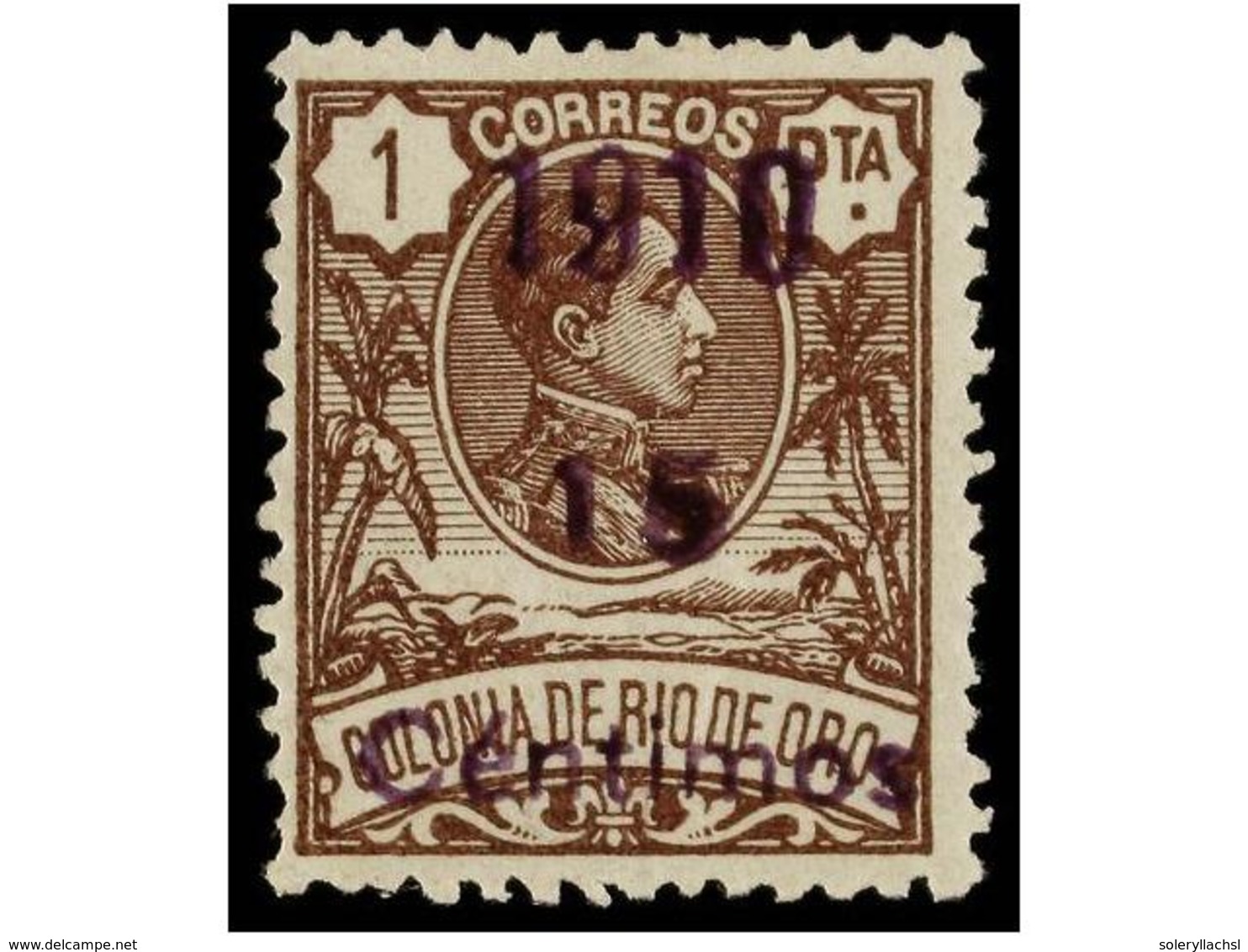 1237 * COLONIAS ESPAÑOLAS: RIO DE ORO. <B>NO EMITIDO. PROVISIONAL DE 1910. 15 Cents. S. 1 Pta.</B> Castaño, Habilitación - Autres & Non Classés