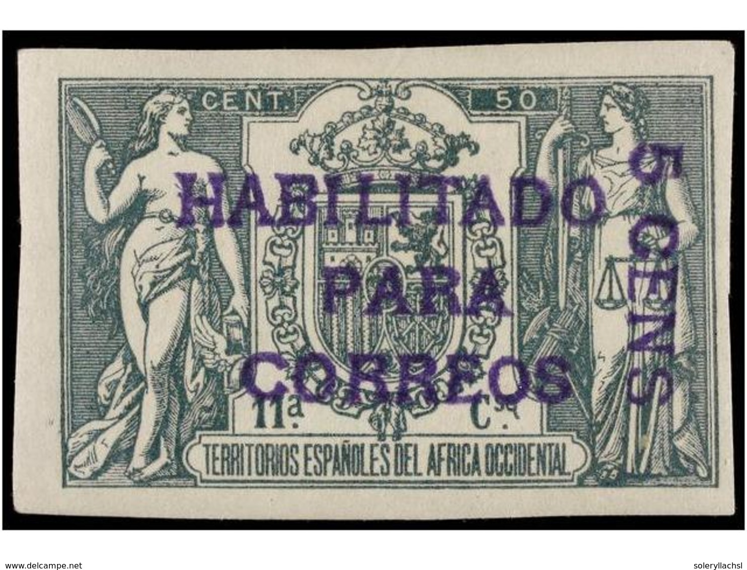 1240 * COLONIAS ESPAÑOLAS: RIO DE ORO. Ed.40B. <B>5 Cens. S. 50 Cent.</B> Verde. Habilitación En Violeta <B>SIN RIO DE O - Autres & Non Classés