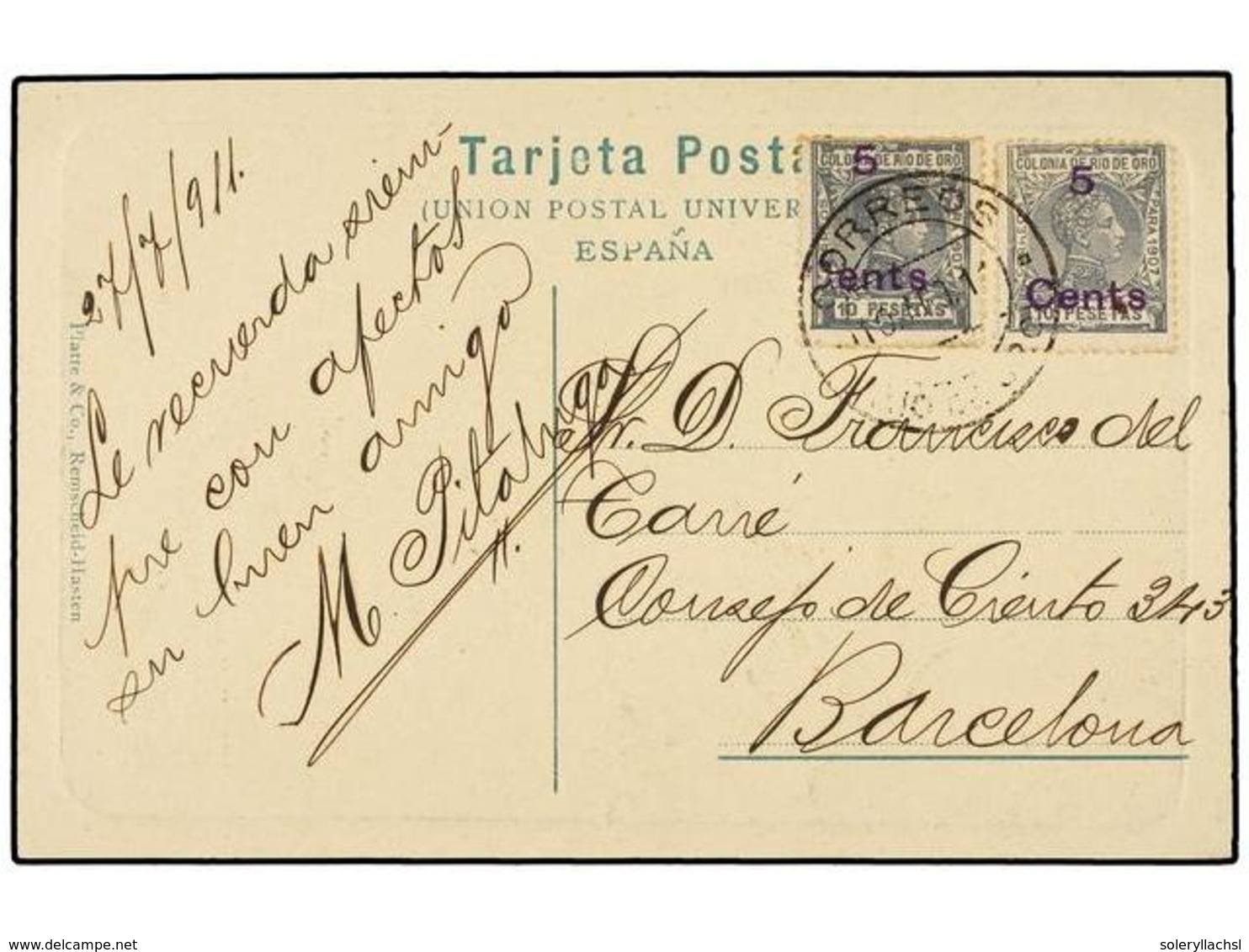 1248 COLONIAS ESPAÑOLAS: RIO DE ORO. Ed.60 (2). 1911. RIO DE ORO A BARCELONA. Tarjeta Postal Con Dos Sellos De <B>5 Cts. - Autres & Non Classés