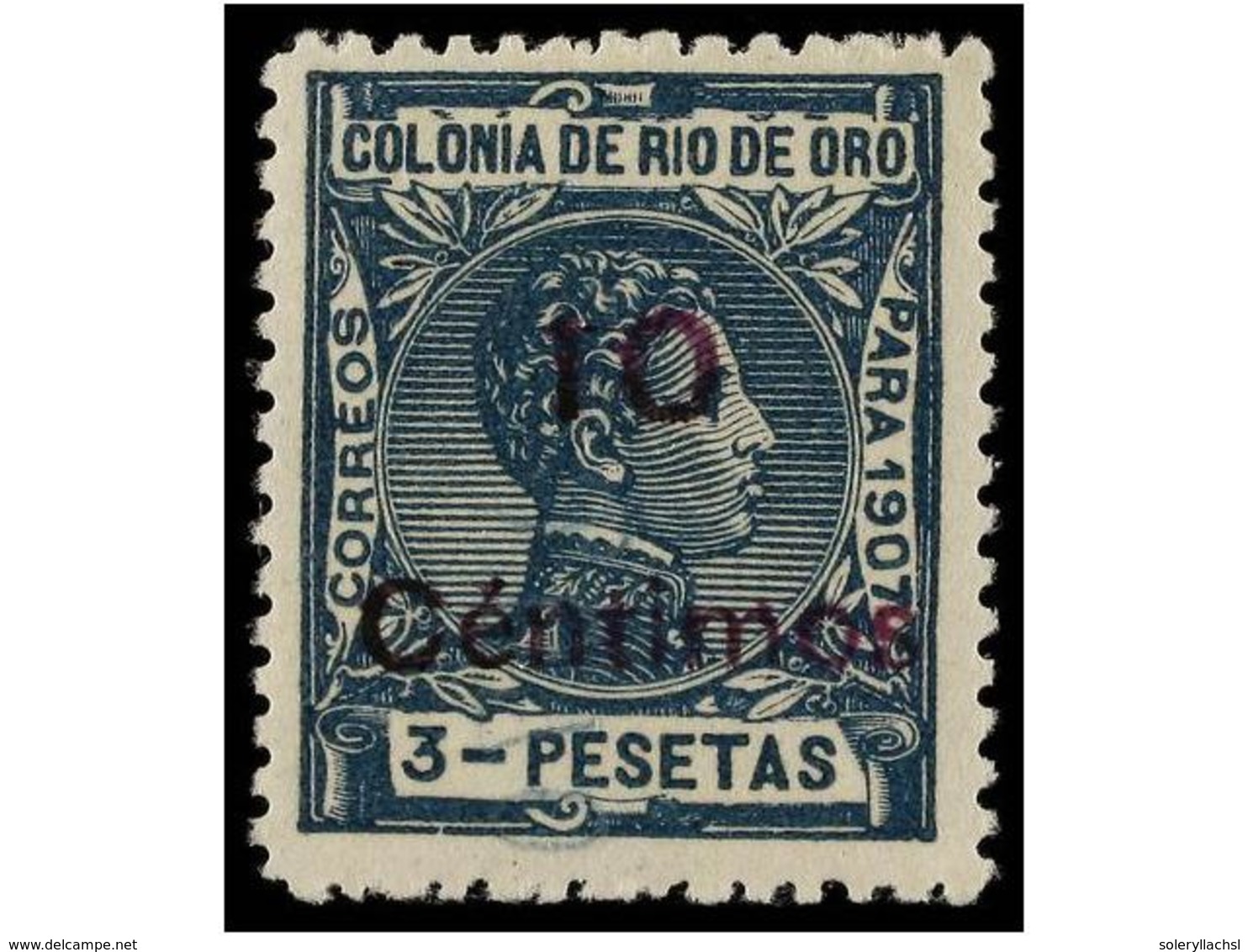 1249 ** COLONIAS ESPAÑOLAS: RIO DE ORO. Ed.62hcca. <B>10 Cents. S. 3 Pts.</B> Verde,<B> HABILITACIÓN EN VIOLETA.</B> MUY - Autres & Non Classés