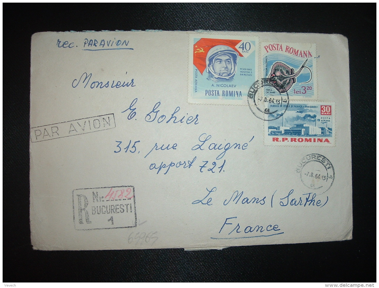 LR TP NICOLAEV 40 B + TP TRYGON 3,20 L + TP 30 B OBL.7 8 64 BUCURESTI 1 + VIGNETTE AFR 1958 CENTENARUI MARCII ROMINESTI - Storia Postale