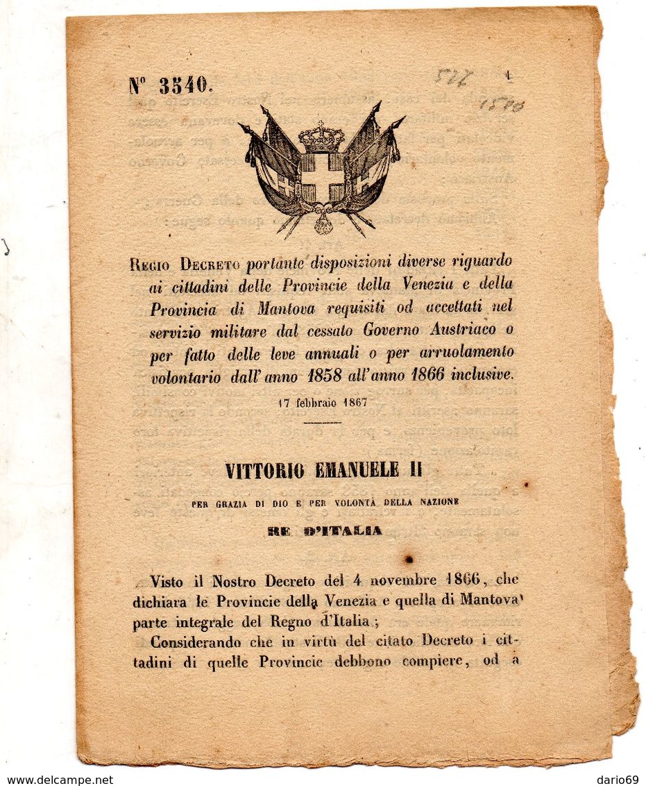 1867  DECRETO  RIGUARDO AI CITTADINI  DI VENEZIA E MANTOVA - Decreti & Leggi