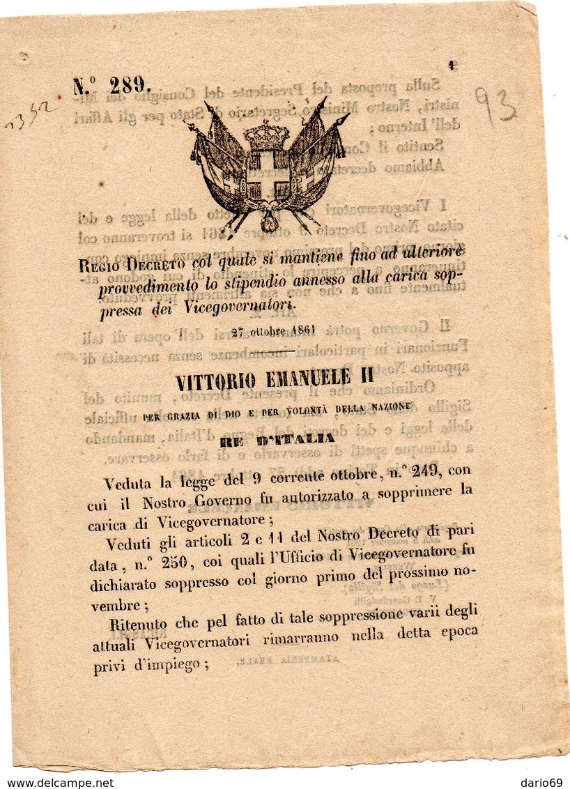 1861   DECRETO  COL QUALE SI MANTIENE LO STIPENDIO DEI VICEGOVERNATORI - Decreti & Leggi