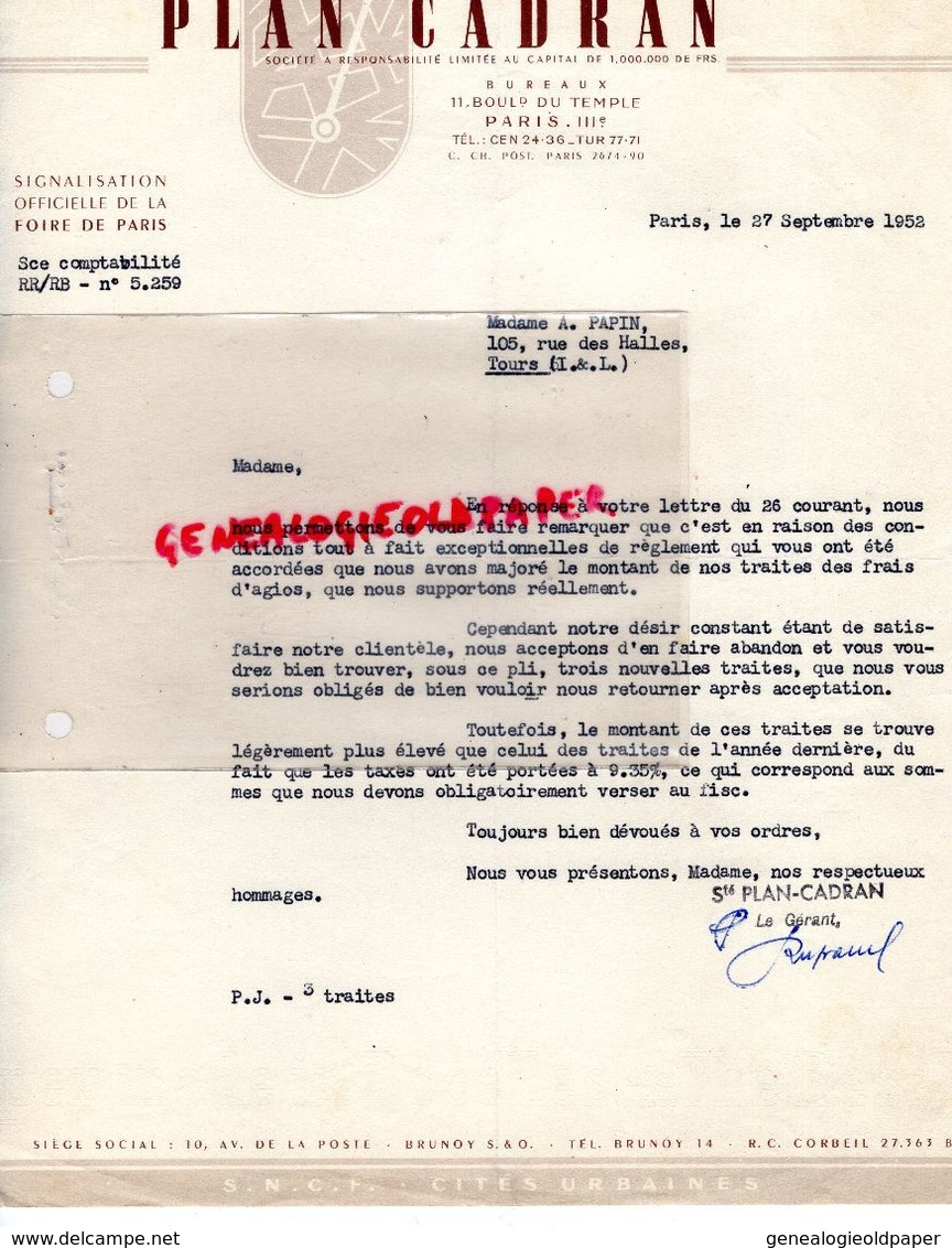 75- PARIS- RARE LETTRE PLAN CADRAN-SIGNALISATION OFFICIELLE FOIRE PARIS-11 BD DU TEMPLE-1952 - Druck & Papierwaren