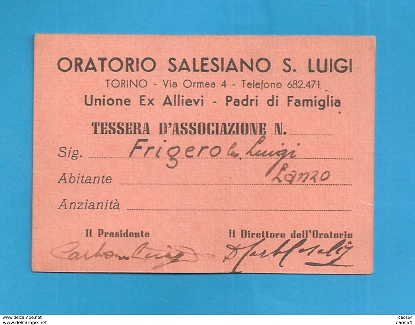 TESSERA ORATORIO SALESIANO S. LUIGI   1948 TORINO - Membership Cards