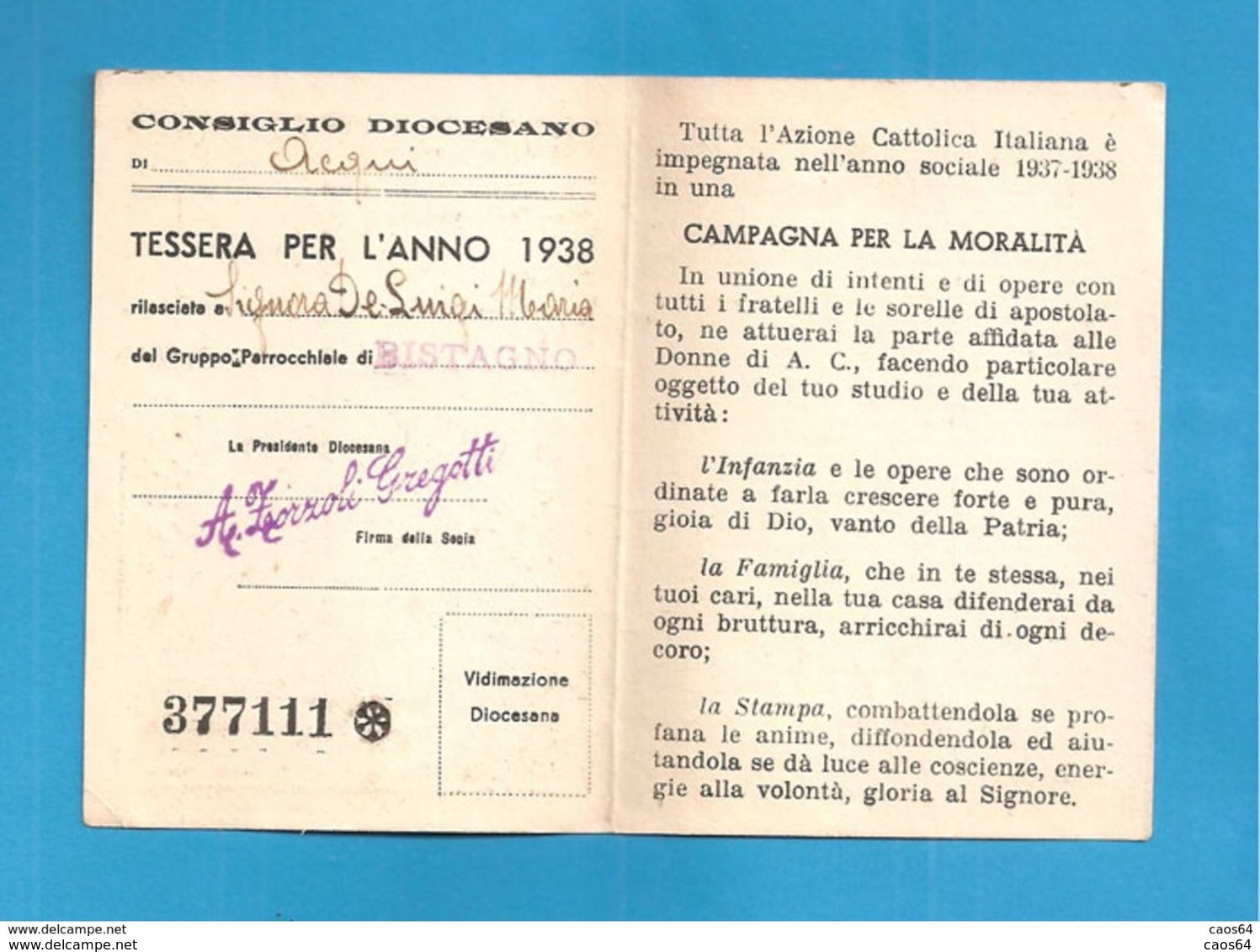 TESSERA AZIONE CATTOLICA ITALIANA DONNE   1938 DIOCESI BISTAGNO ACQUI ASTI - Tarjetas De Membresía