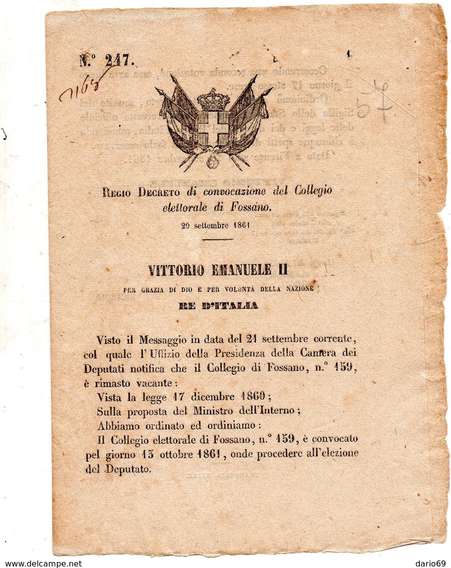 1861   DECRETO DI CONVOCAZIONE DEL COLLEGIO ELETTORALE DI FOSSANO - Decreti & Leggi