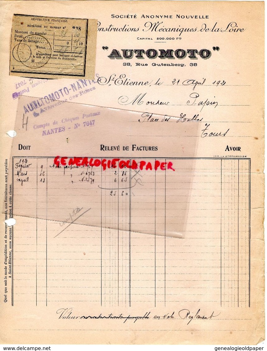 42- SAINT ETIENNE- RARE FACTURE CONSTRUCTIONS MECANIQUES DE LA LOIRE-AUTOMOTO-38 RUE GUTENBERG- NANTES- 1921 AUTO MOTO - Transports