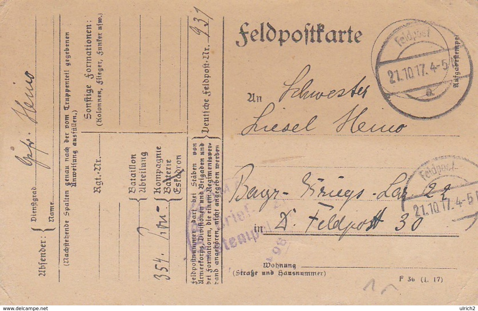 Feldpostkarte - Pionier-Kompagnie 354 - 1917 (33403) - Briefe U. Dokumente