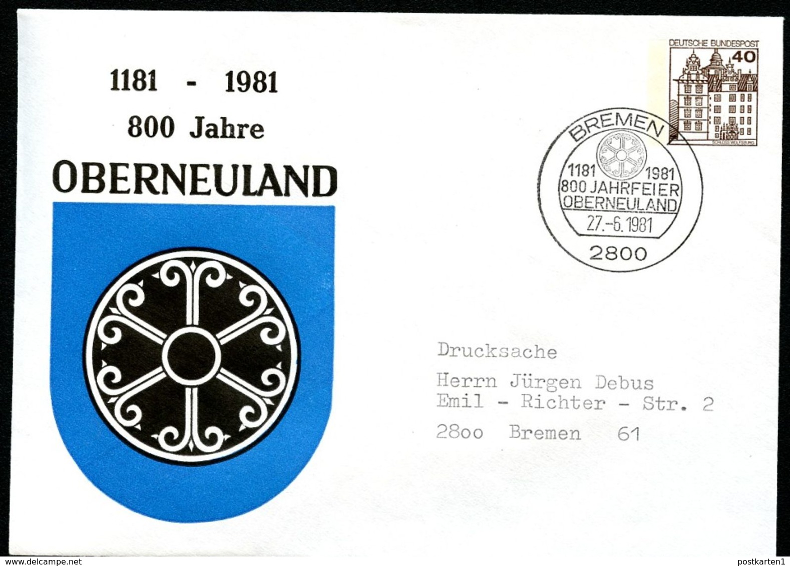 Bund PU111 C2/018a Privat-Umschlag WAPPEN BREMEN-OBERNEULAND Sost. 1981 NGK 4,00 € - Enveloppes Privées - Oblitérées
