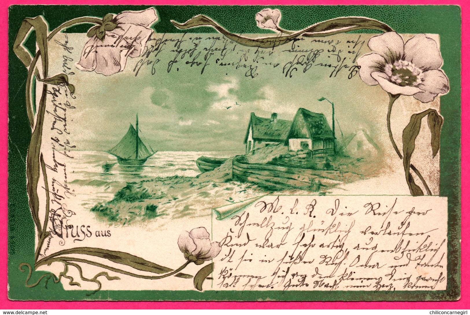 Litho - Gruss Aus Unna - Maison Au Bord De La Mer - Bateau - 1899 - Oblit. UNNA / WEIDENAU - Unna