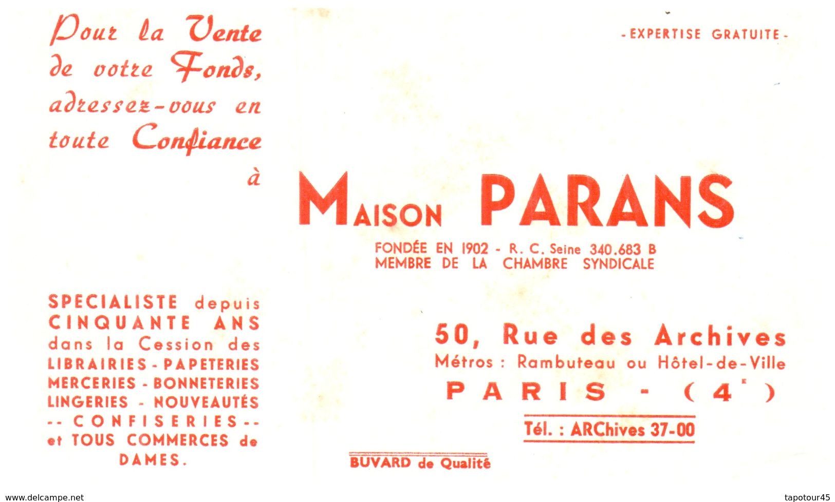 V F P/Buvard Vente De Fonds "Parans" (Format 21 X 14) (N= 1) - V