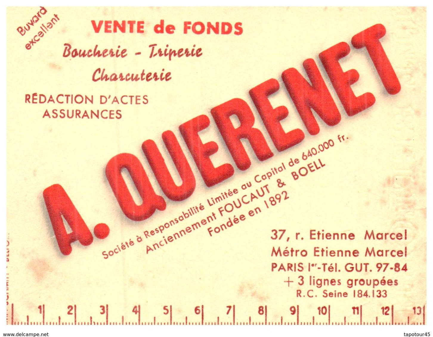 V F Q/Buvard Vente De Fonds "A Querenet" (Format 13 X 10) (N= 1) - V