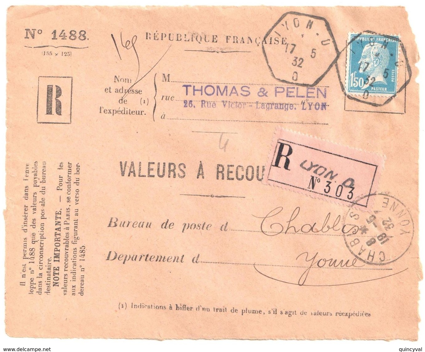 4434LYON D Recette Auxiliaire Urbaine Lautier D4  Valeurs à Recouvrer 1488 1,50 F Pasteur Ob 1932 Yv 181 Chablis Yonne - Storia Postale