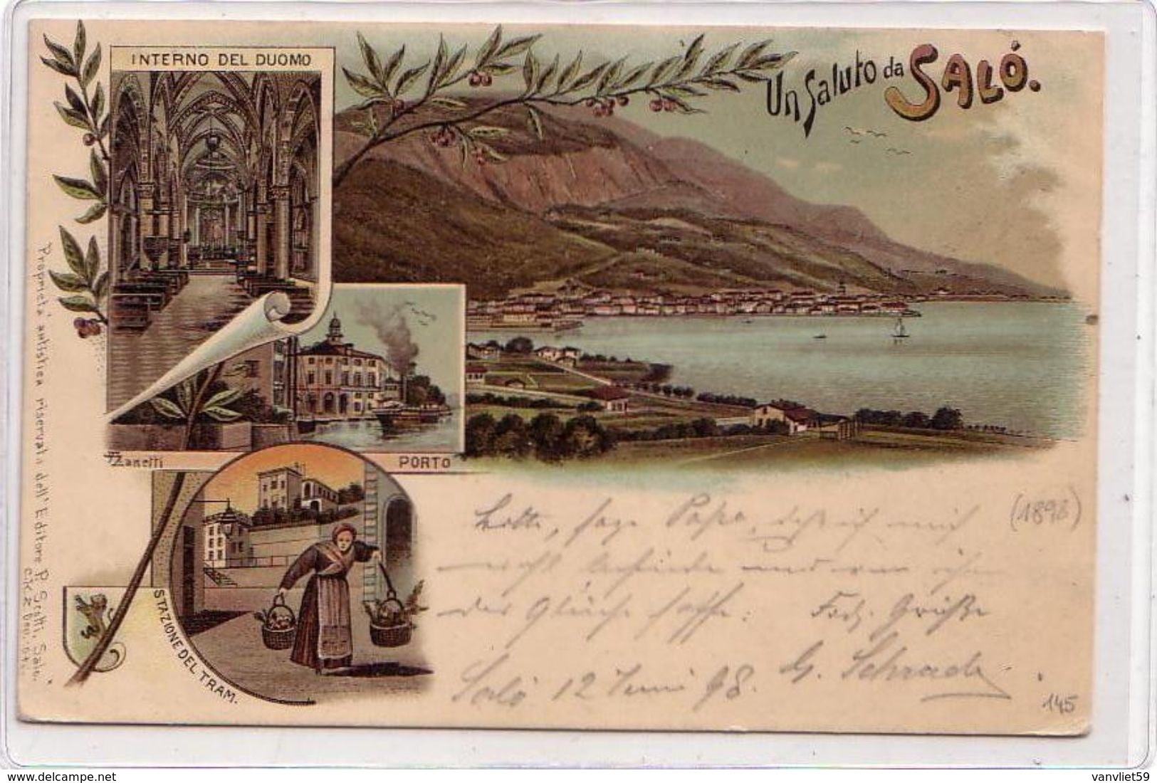 SALò-BRESCIA-LAGO DI GARDA-GRUSS MULTIVEDUTE-LITHO VIAGGIATA IL14-6-1898 - Brescia
