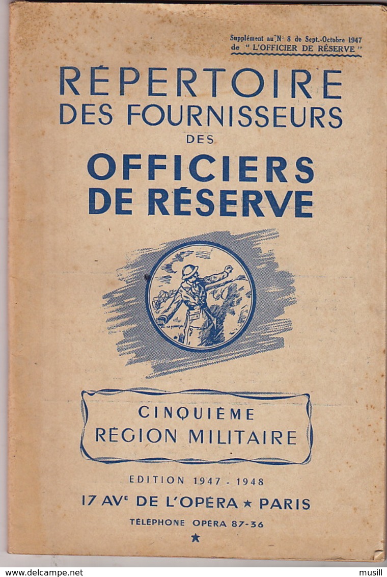 Répertoire  Des Fournisseurs Des Officiers De Réserve. Cinquième Région Militaire. 1947-1948. - Francia