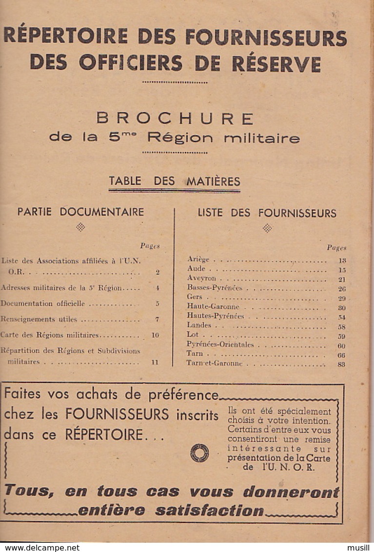 Répertoire  Des Fournisseurs Des Officiers De Réserve. Cinquième Région Militaire. 1947-1948. - France