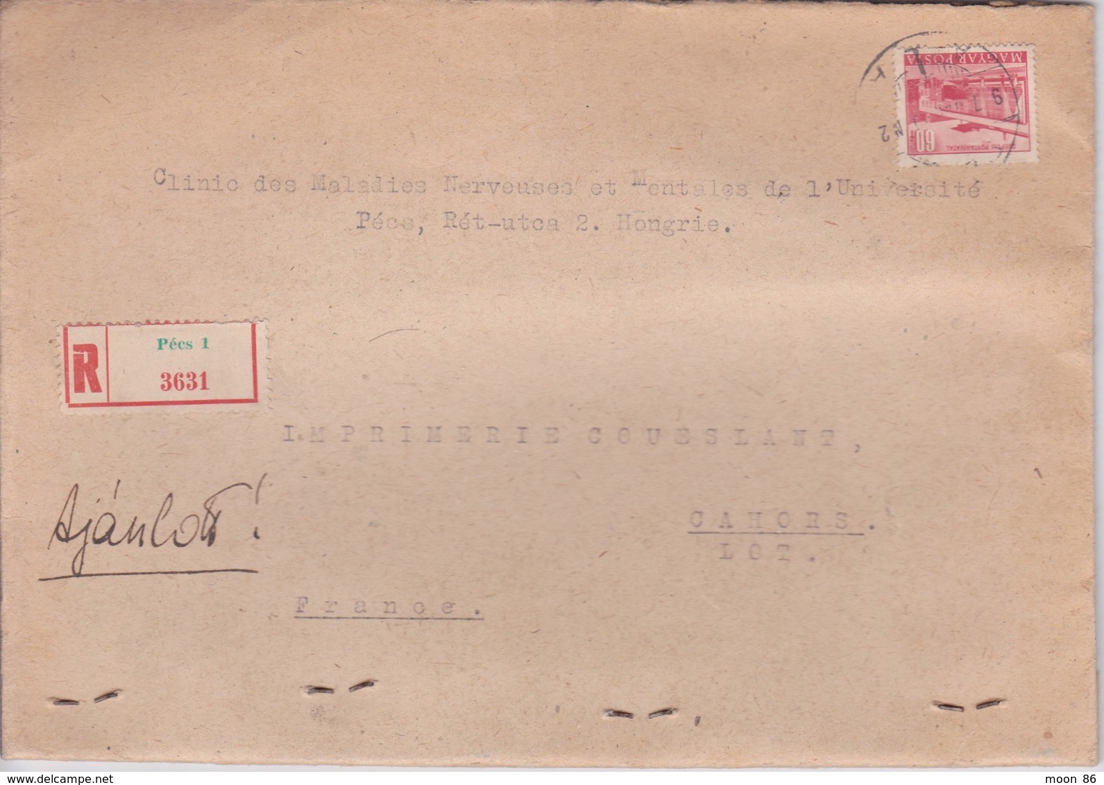 HONGRIE - RECOMMANDÉ PÉES PÈCES - TO CAHORS - TIMBRE JEUX OLYMPIQUE 1956 BASKET - Poststempel (Marcophilie)